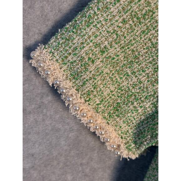 Orsay NWT Sz L Green Metallic Tweed Boucle Dress Pearl Neck & Cuff Royal Duchess - Picture 12 of 16